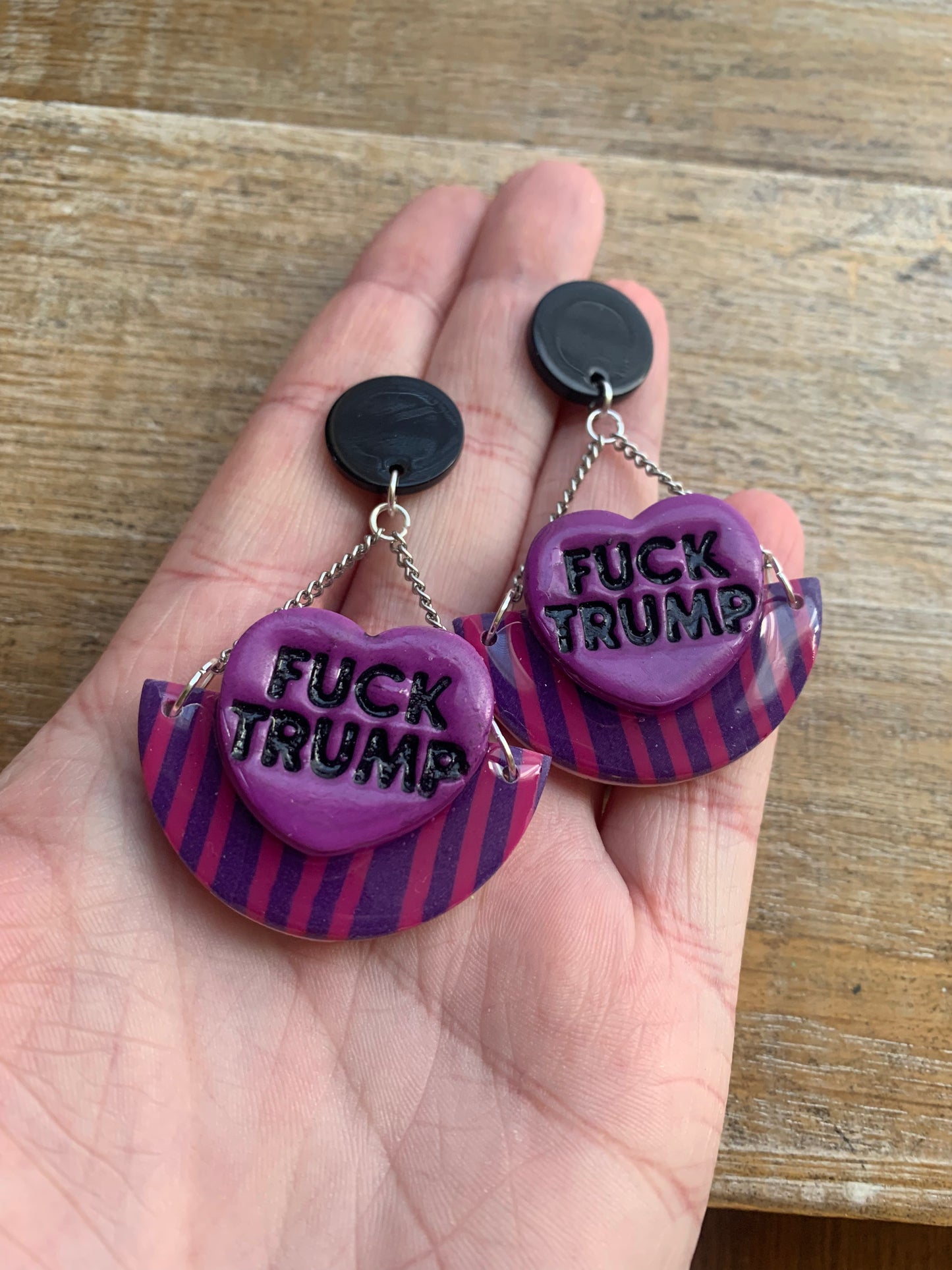 Fuck Trump Protest Activist Stud Earrings Liberal Striped Blue & Pink Ear Hangers Clip On