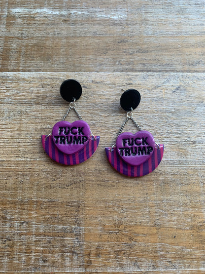 Fuck Trump Protest Activist Stud Earrings Liberal Striped Blue & Pink Ear Hangers Clip On