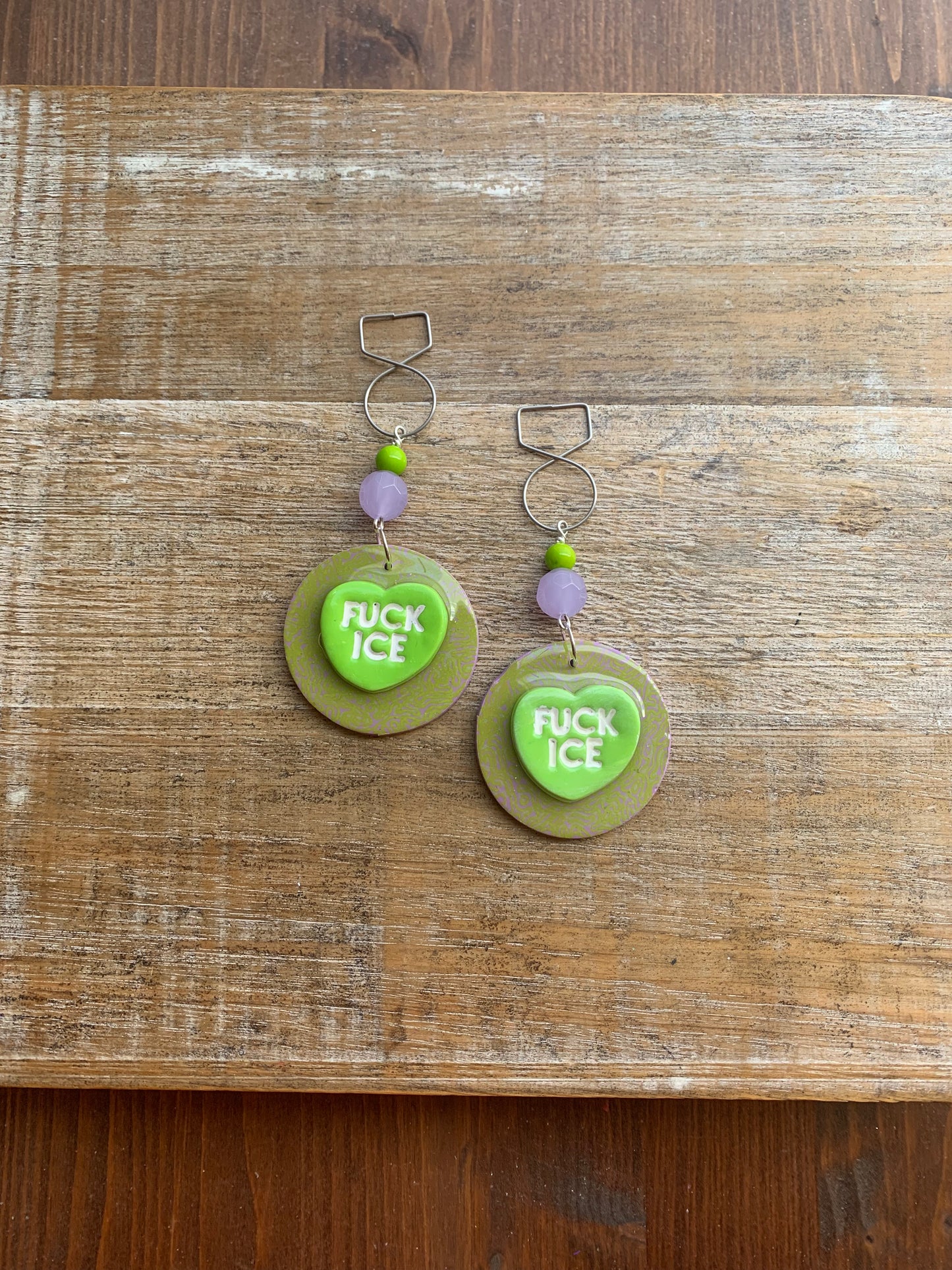 Fuck Ice Protest Activist Tunnel Gauge Earrings Liberal Clip On Earrings Purple & Lime Green