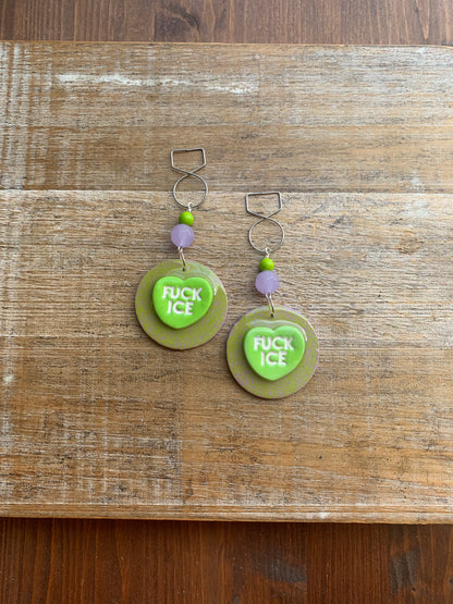 Fuck Ice Protest Activist Tunnel Gauge Earrings Liberal Clip On Earrings Purple & Lime Green