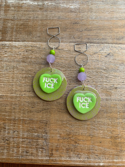 Fuck Ice Protest Activist Tunnel Gauge Earrings Liberal Clip On Earrings Purple & Lime Green