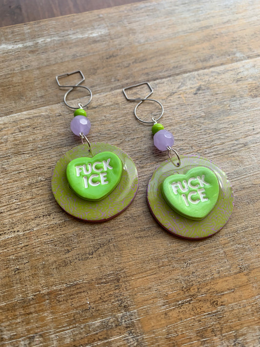 Fuck Ice Protest Activist Tunnel Gauge Earrings Liberal Clip On Earrings Purple & Lime Green