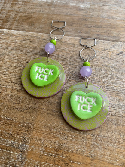 Fuck Ice Protest Activist Tunnel Gauge Earrings Liberal Clip On Earrings Purple & Lime Green