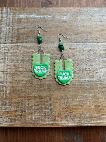 Fuck Trump Protest Activist Earrings Liberal Art Deco Green & White Clip On Ear Hangers