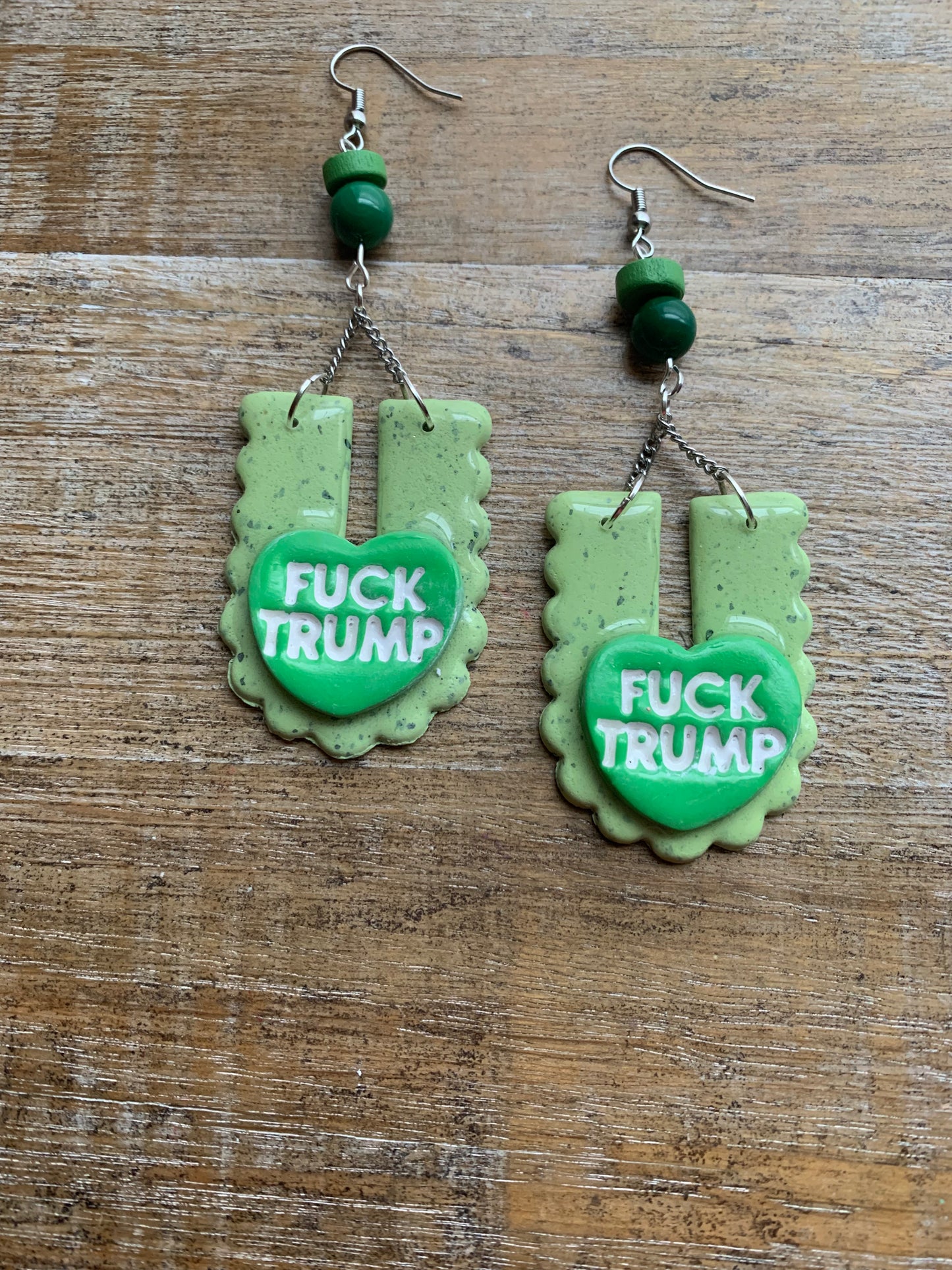 Fuck Trump Protest Activist Earrings Liberal Art Deco Green & White Clip On Ear Hangers