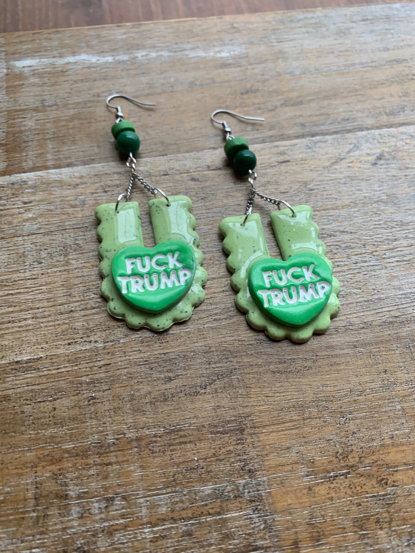 Fuck Trump Protest Activist Earrings Liberal Art Deco Green & White Clip On Ear Hangers