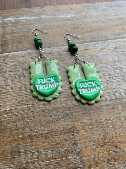 Fuck Trump Protest Activist Earrings Liberal Art Deco Green & White Clip On Ear Hangers