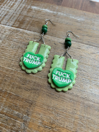 Fuck Trump Protest Activist Earrings Liberal Art Deco Green & White Clip On Ear Hangers