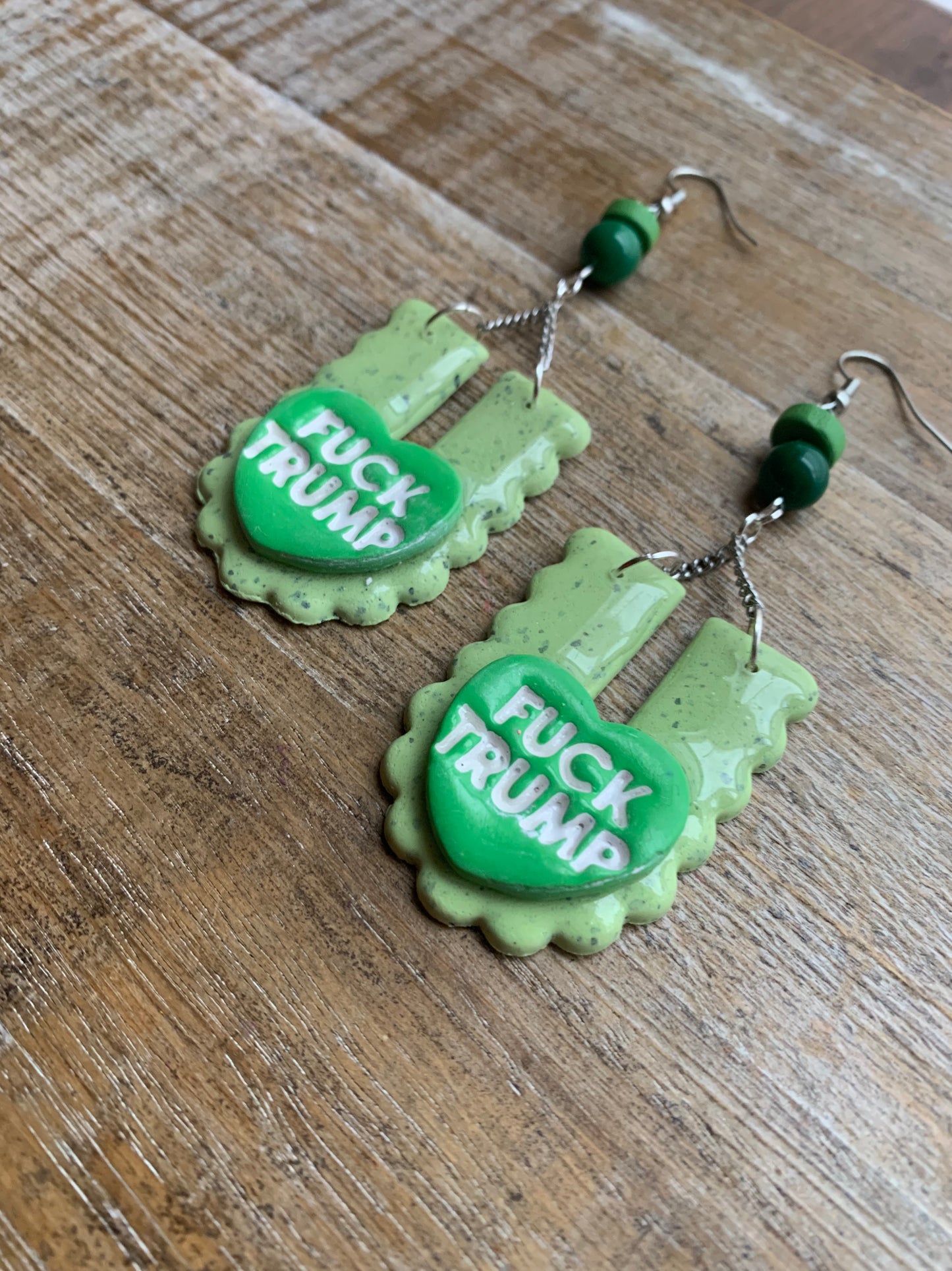 Fuck Trump Protest Activist Earrings Liberal Art Deco Green & White Clip On Ear Hangers
