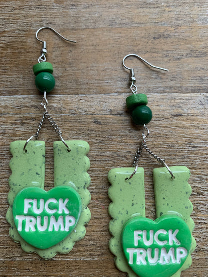 Fuck Trump Protest Activist Earrings Liberal Art Deco Green & White Clip On Ear Hangers