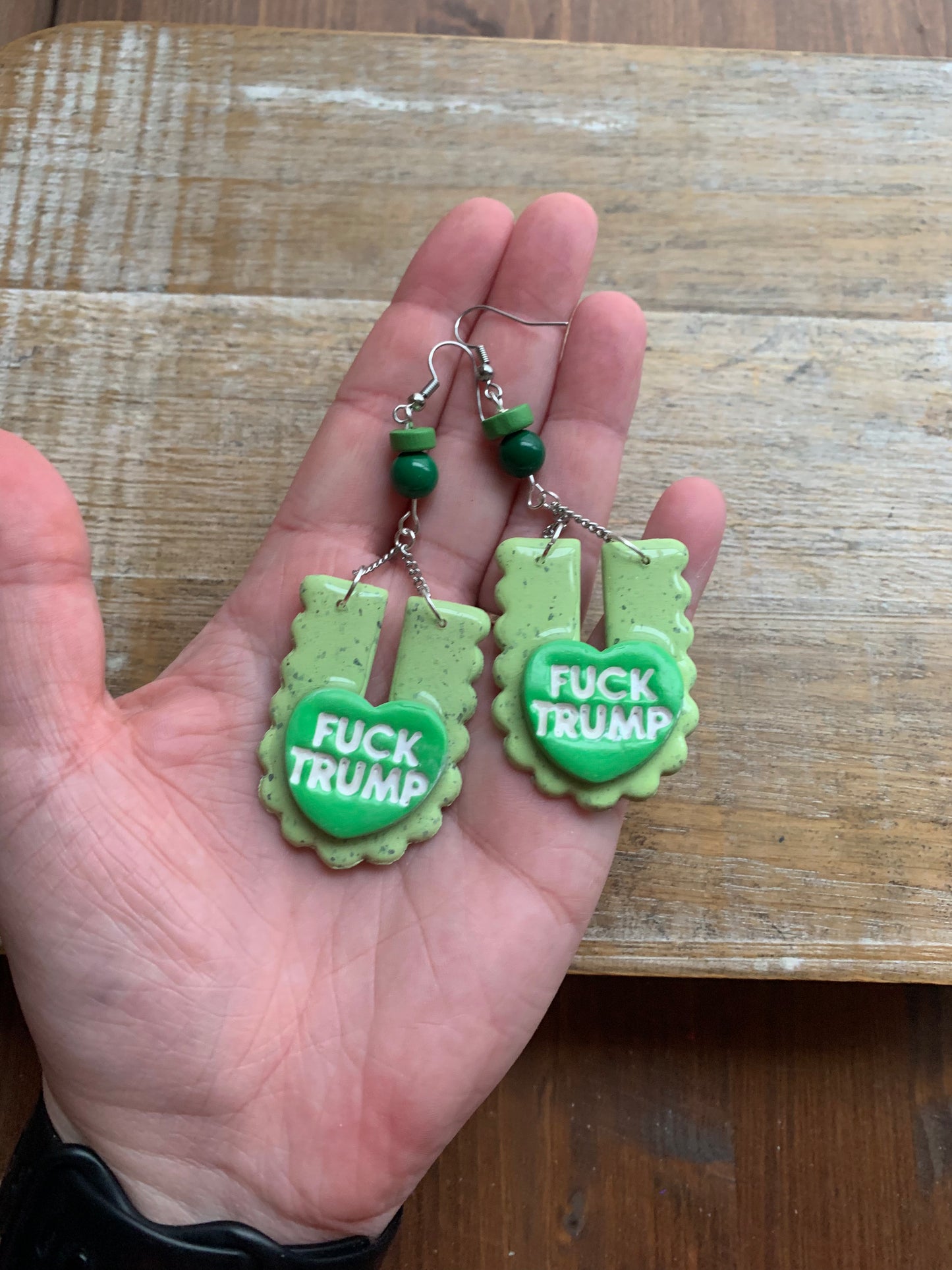 Fuck Trump Protest Activist Earrings Liberal Art Deco Green & White Clip On Ear Hangers