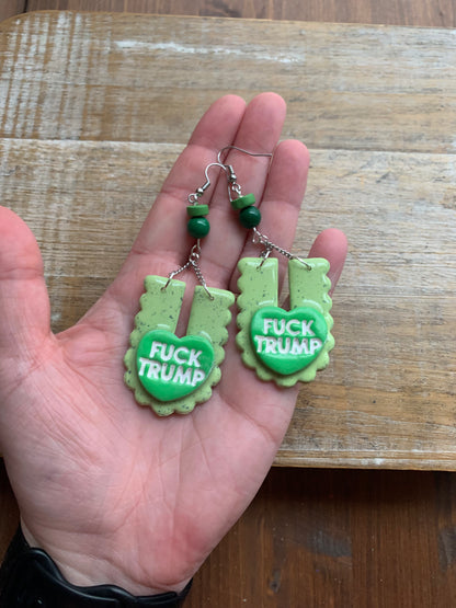 Fuck Trump Protest Activist Earrings Liberal Art Deco Green & White Clip On Ear Hangers
