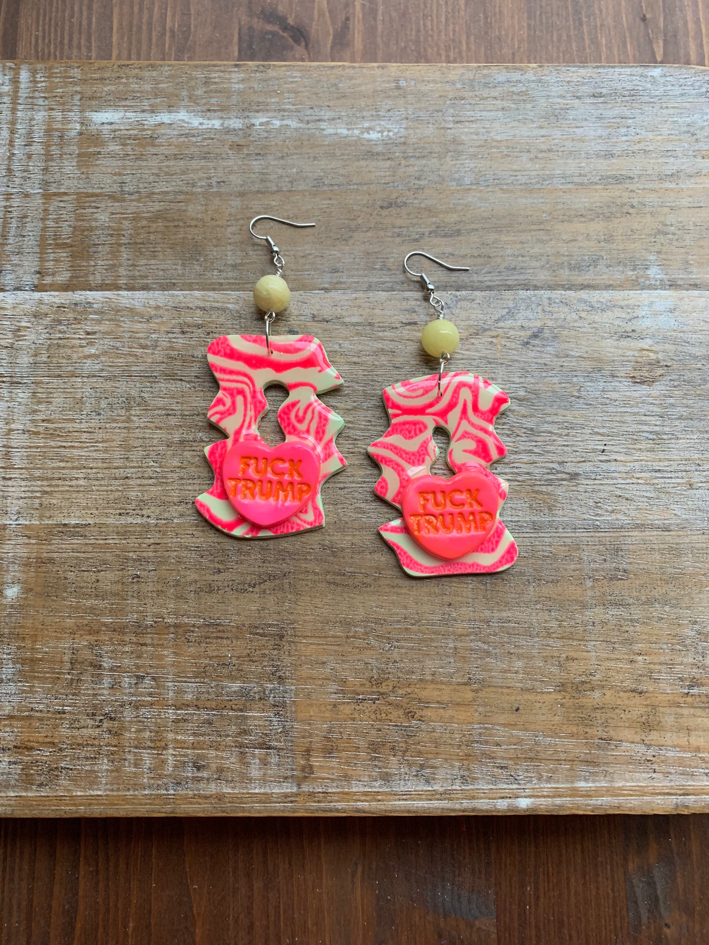 Fuck Trump Protest Activist Earrings Liberal Art Deco Neon Pink & Yellow Clip On Ear Hangers