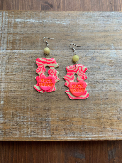 Fuck Trump Protest Activist Earrings Liberal Art Deco Neon Pink & Yellow Clip On Ear Hangers