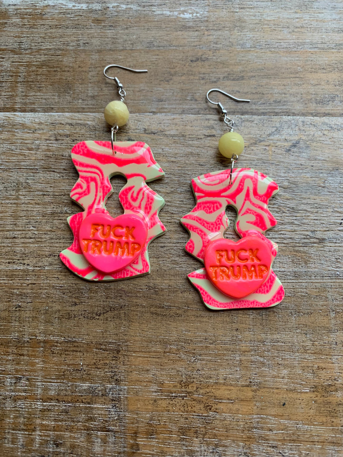 Fuck Trump Protest Activist Earrings Liberal Art Deco Neon Pink & Yellow Clip On Ear Hangers