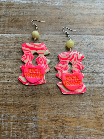 Fuck Trump Protest Activist Earrings Liberal Art Deco Neon Pink & Yellow Clip On Ear Hangers