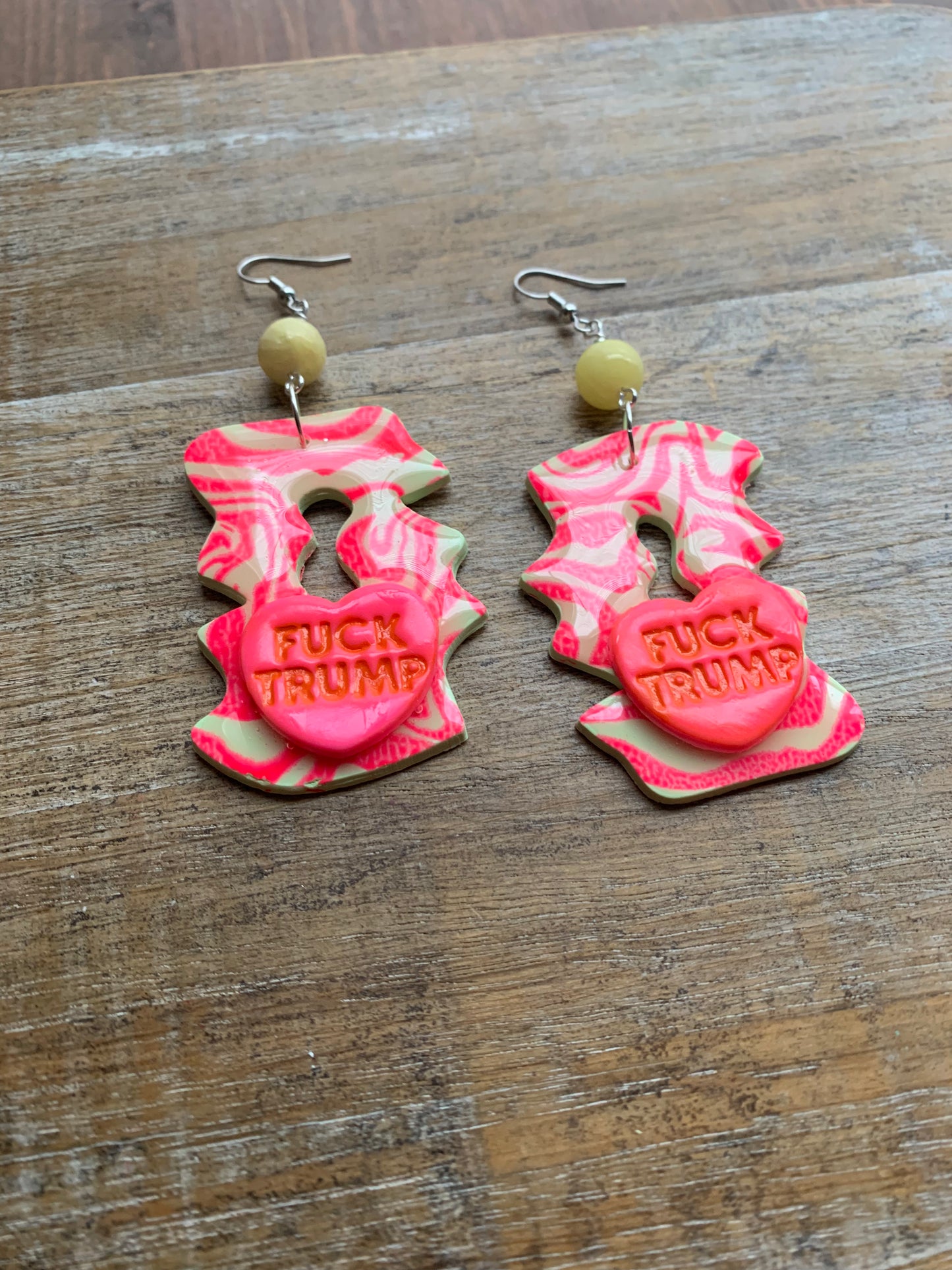 Fuck Trump Protest Activist Earrings Liberal Art Deco Neon Pink & Yellow Clip On Ear Hangers