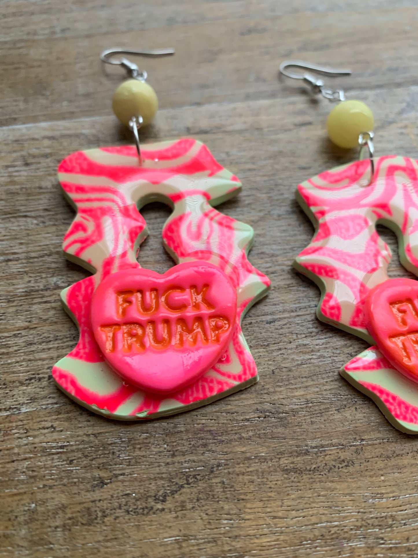 Fuck Trump Protest Activist Earrings Liberal Art Deco Neon Pink & Yellow Clip On Ear Hangers