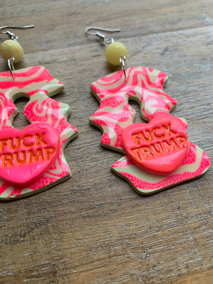 Fuck Trump Protest Activist Earrings Liberal Art Deco Neon Pink & Yellow Clip On Ear Hangers