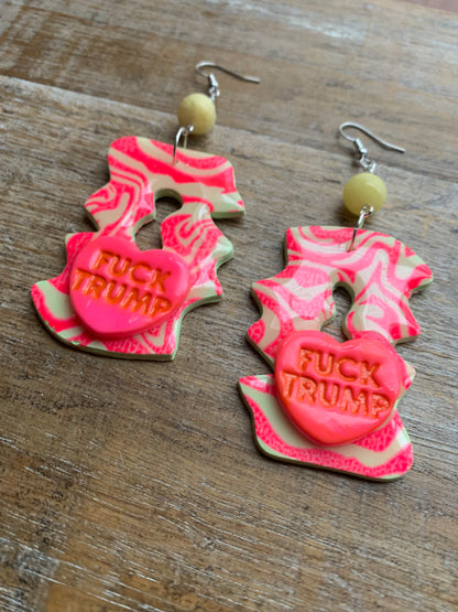 Fuck Trump Protest Activist Earrings Liberal Art Deco Neon Pink & Yellow Clip On Ear Hangers