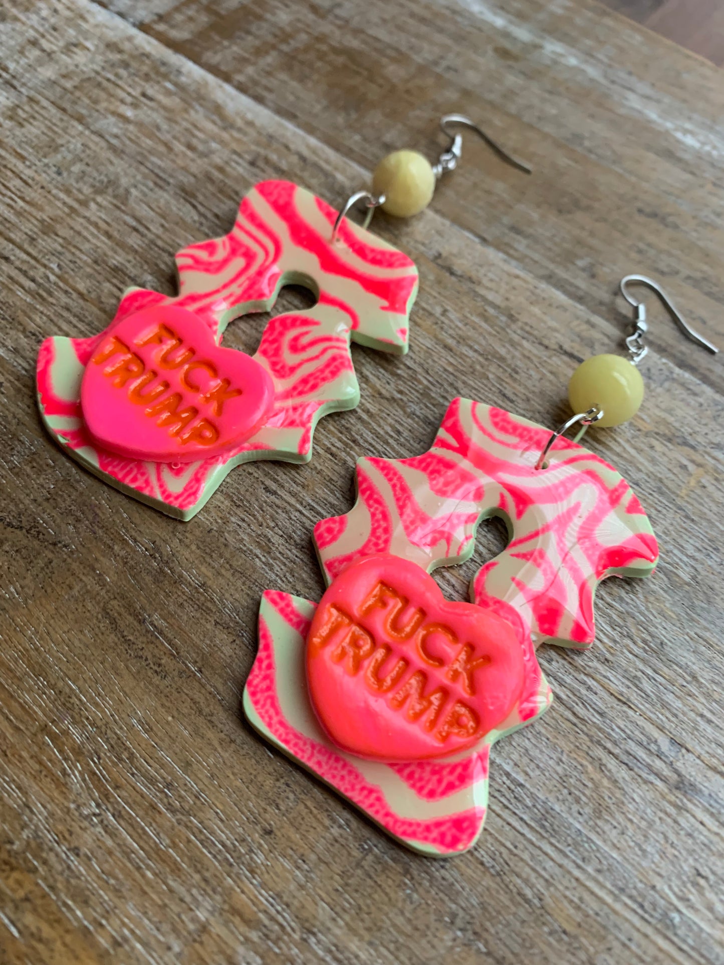 Fuck Trump Protest Activist Earrings Liberal Art Deco Neon Pink & Yellow Clip On Ear Hangers