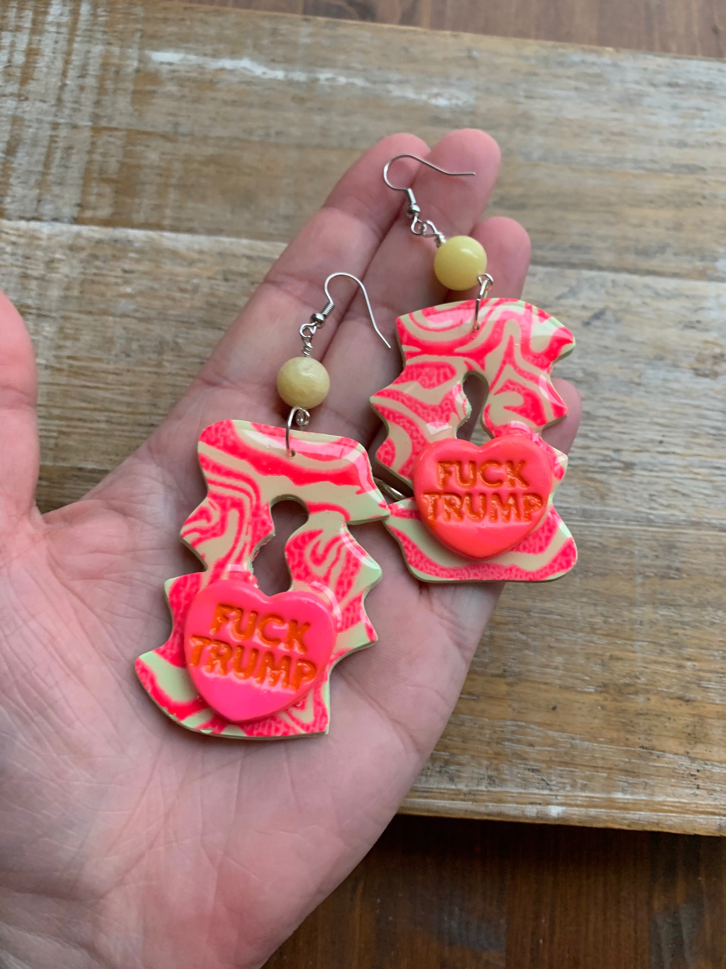 Fuck Trump Protest Activist Earrings Liberal Art Deco Neon Pink & Yellow Clip On Ear Hangers