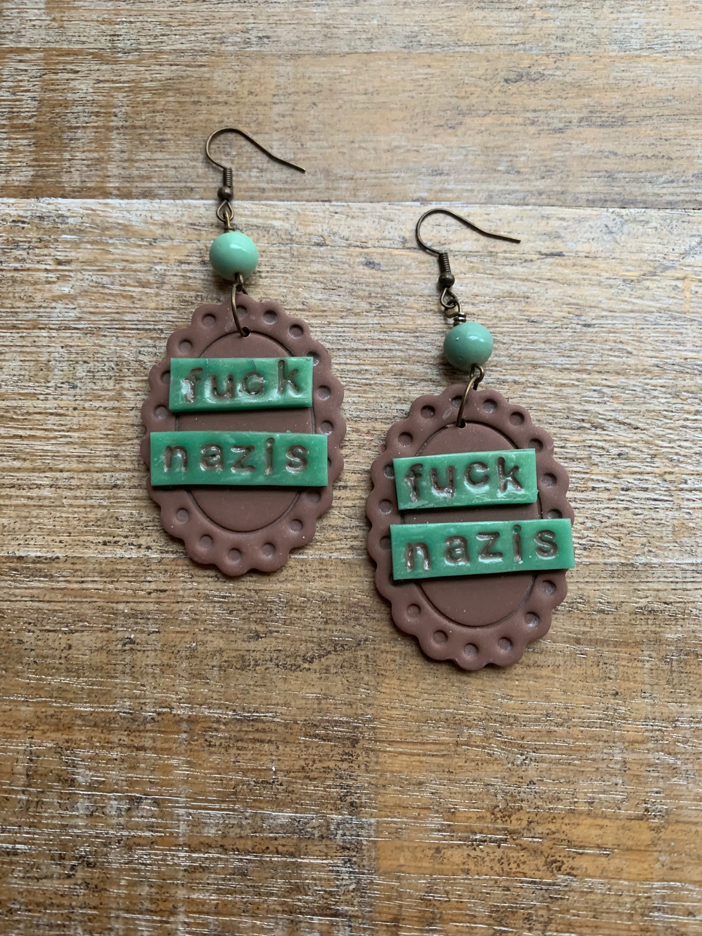 Fuck Nazis Protest Activist Earrings Liberal Framed Green & Brown Clip On Ear Hangers