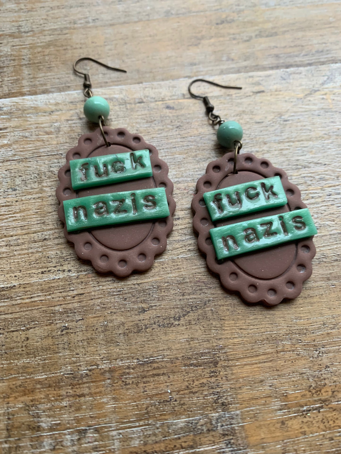 Fuck Nazis Protest Activist Earrings Liberal Framed Green & Brown Clip On Ear Hangers