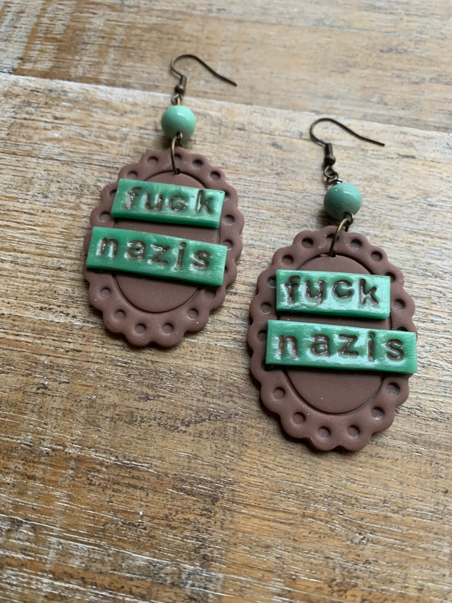 Fuck Nazis Protest Activist Earrings Liberal Framed Green & Brown Clip On Ear Hangers