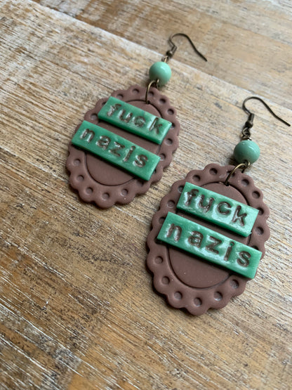 Fuck Nazis Protest Activist Earrings Liberal Framed Green & Brown Clip On Ear Hangers