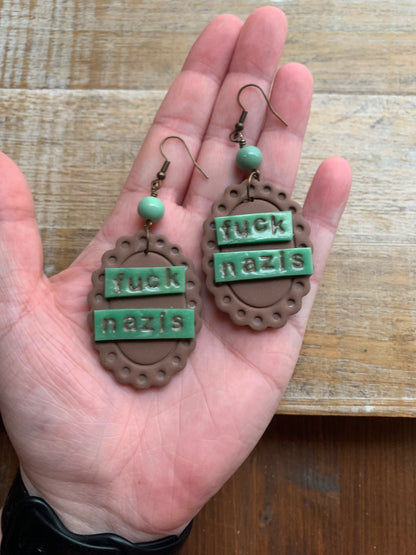 Fuck Nazis Protest Activist Earrings Liberal Framed Green & Brown Clip On Ear Hangers