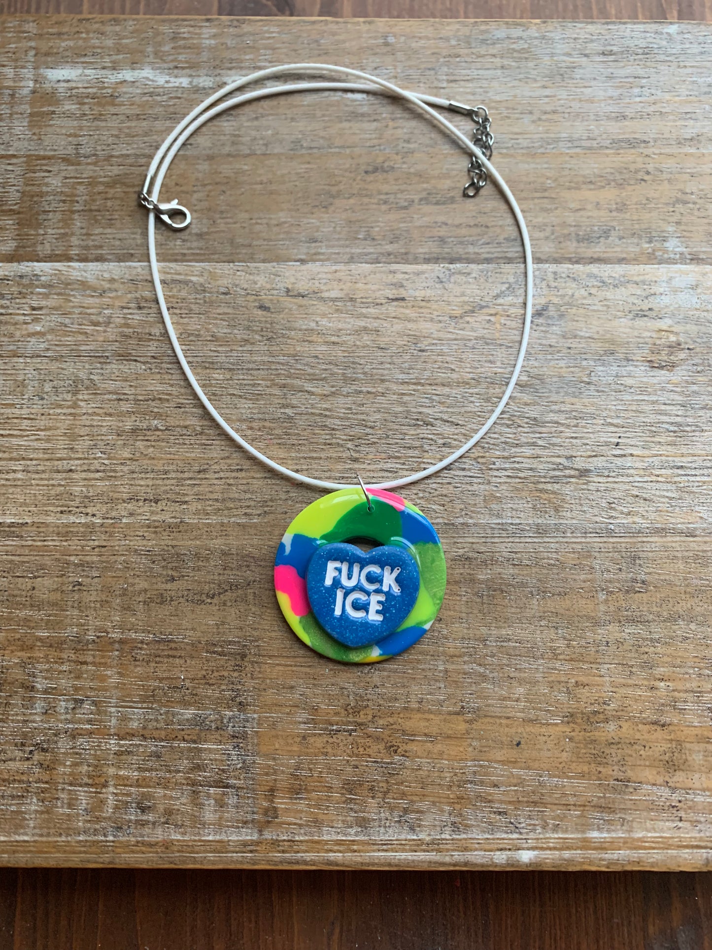 Fuck Ice Neon Terrazzo Heart Clay Corded Protest Necklace
