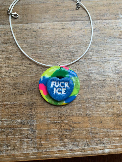 Fuck Ice Neon Terrazzo Heart Clay Corded Protest Necklace