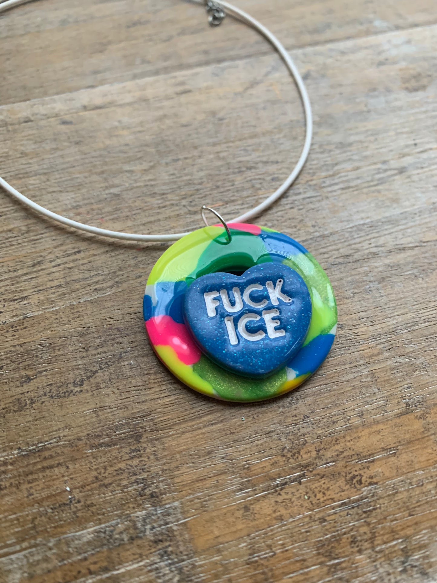 Fuck Ice Neon Terrazzo Heart Clay Corded Protest Necklace
