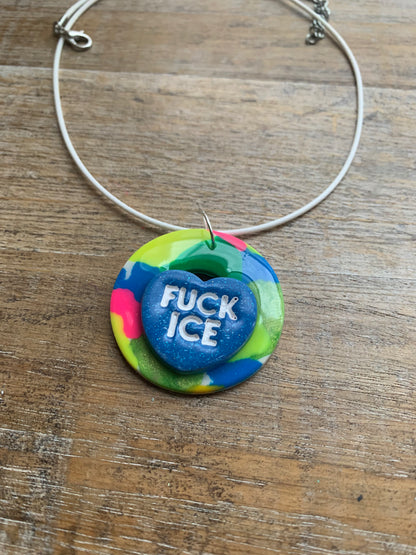 Fuck Ice Neon Terrazzo Heart Clay Corded Protest Necklace