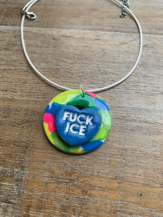 Fuck Ice Neon Terrazzo Heart Clay Corded Protest Necklace