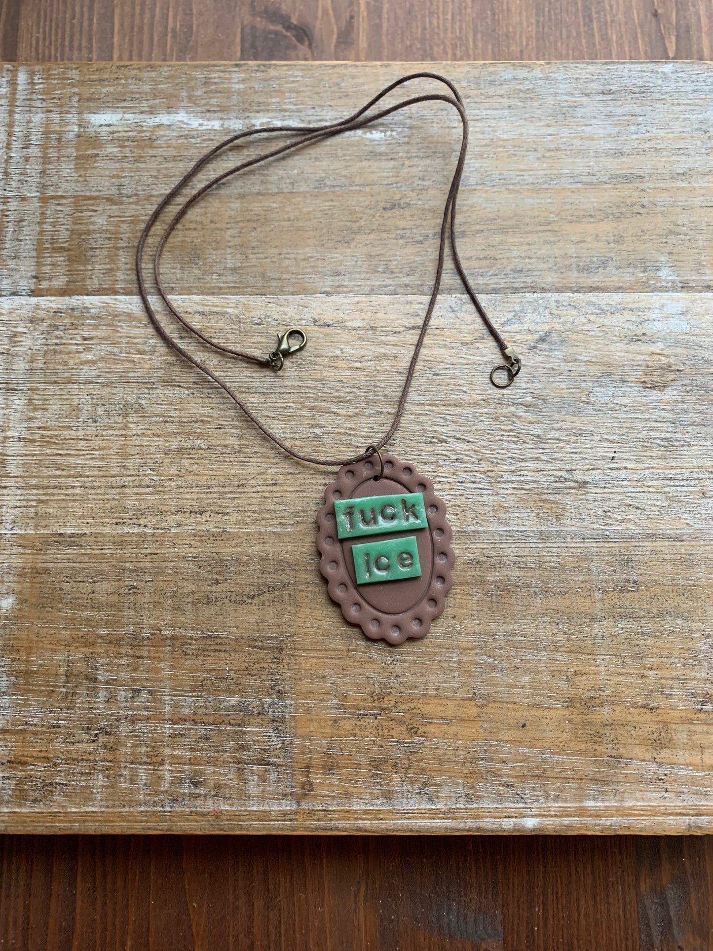 Fuck Ice LONG Brown Framed Clay Corded Protest Necklace