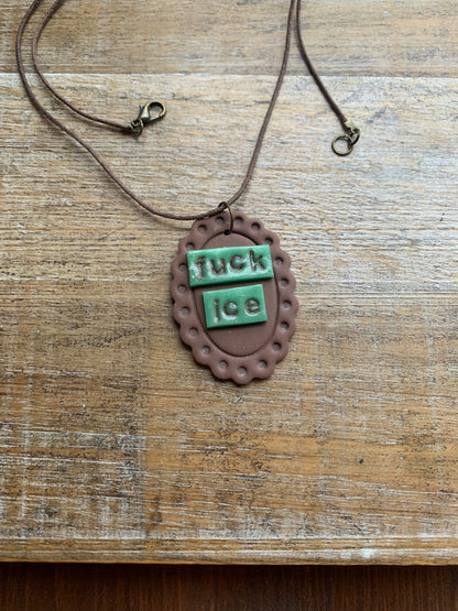 Fuck Ice LONG Brown Framed Clay Corded Protest Necklace