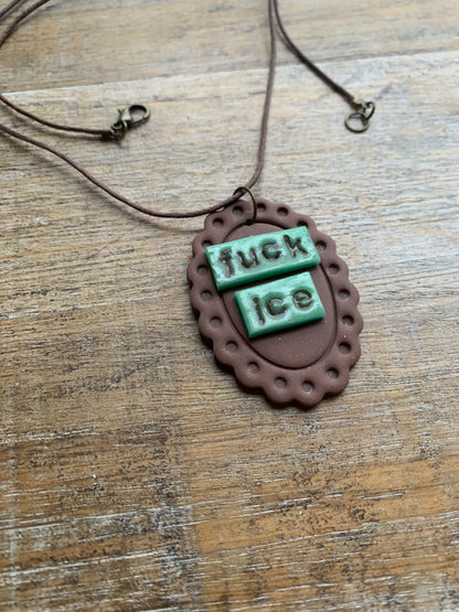 Fuck Ice LONG Brown Framed Clay Corded Protest Necklace