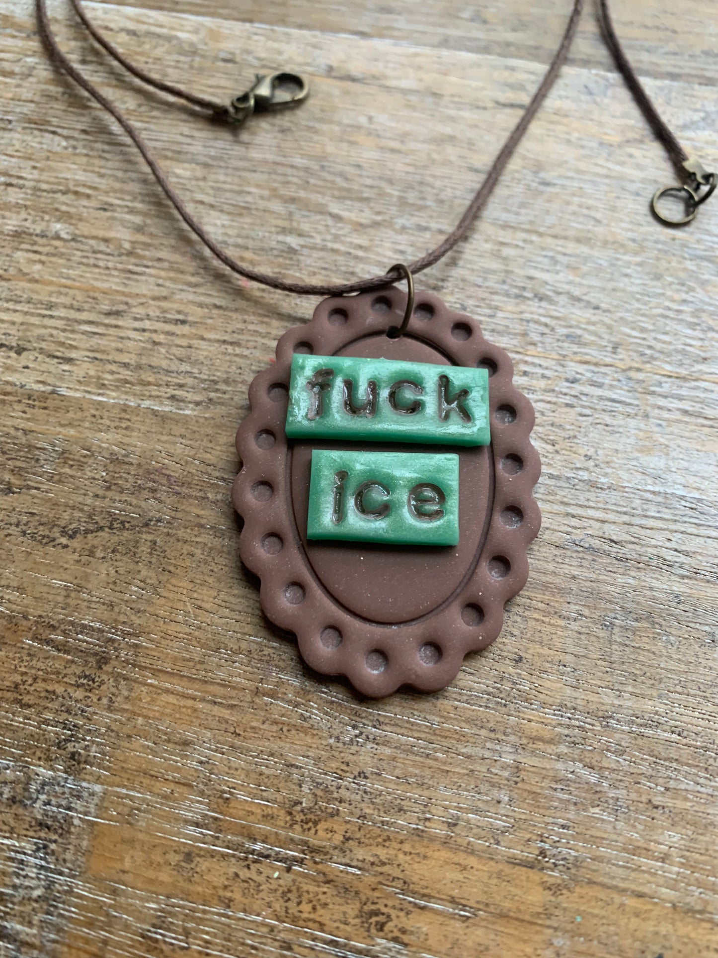 Fuck Ice LONG Brown Framed Clay Corded Protest Necklace