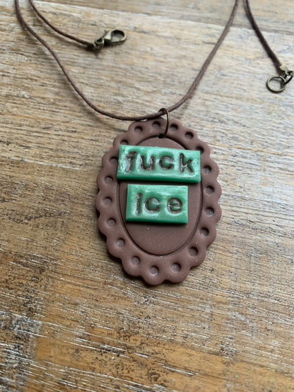 Fuck Ice LONG Brown Framed Clay Corded Protest Necklace