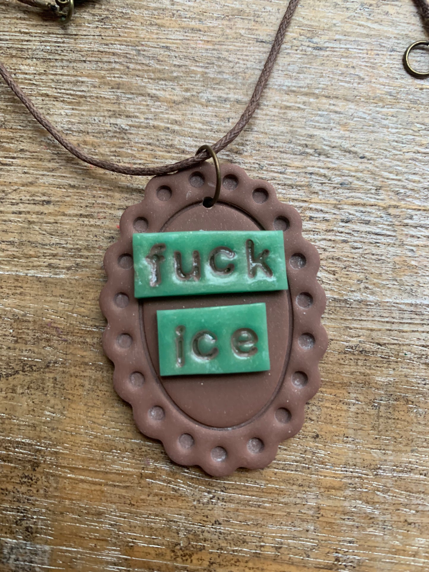 Fuck Ice LONG Brown Framed Clay Corded Protest Necklace