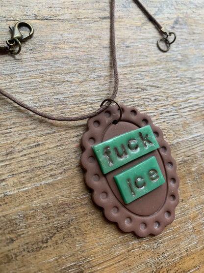 Fuck Ice LONG Brown Framed Clay Corded Protest Necklace