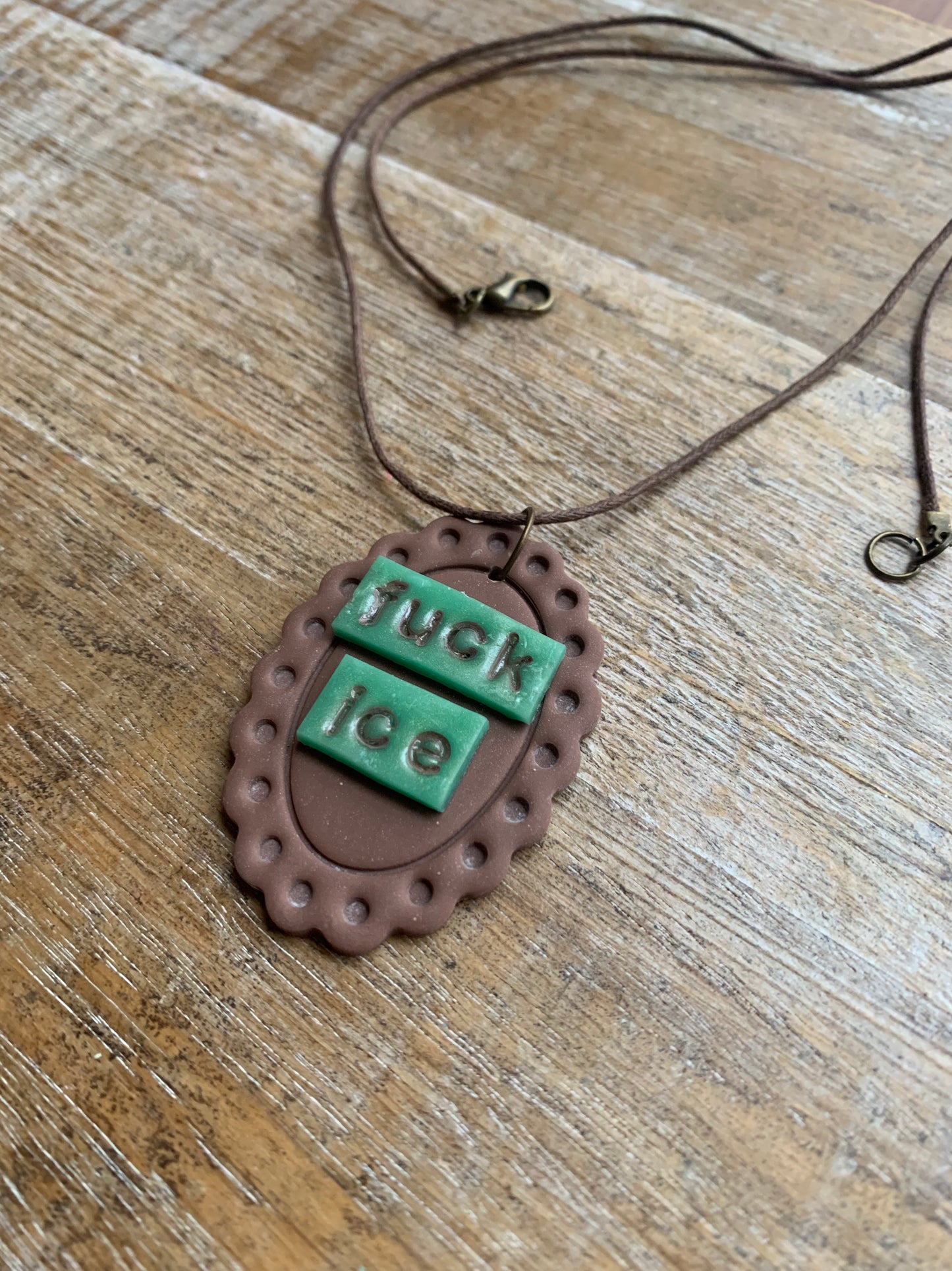 Fuck Ice LONG Brown Framed Clay Corded Protest Necklace