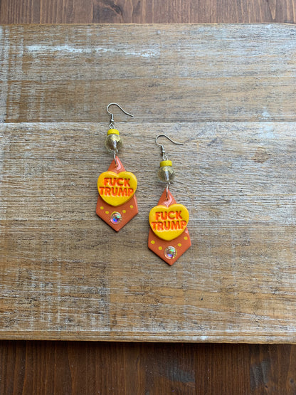 Fuck Trump Protest Activist Earrings Liberal Art Deco Neon Orange & Yellow Clip On Ear Hangers