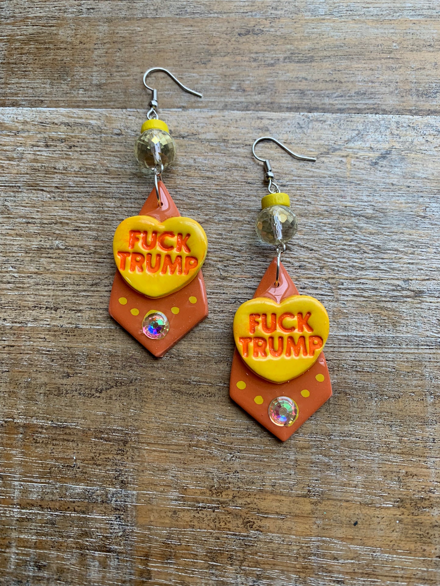 Fuck Trump Protest Activist Earrings Liberal Art Deco Neon Orange & Yellow Clip On Ear Hangers