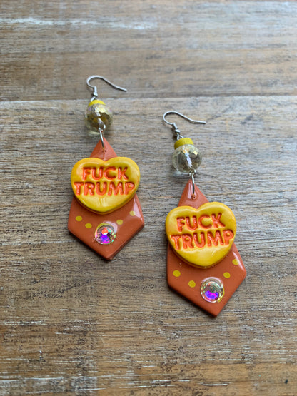 Fuck Trump Protest Activist Earrings Liberal Art Deco Neon Orange & Yellow Clip On Ear Hangers