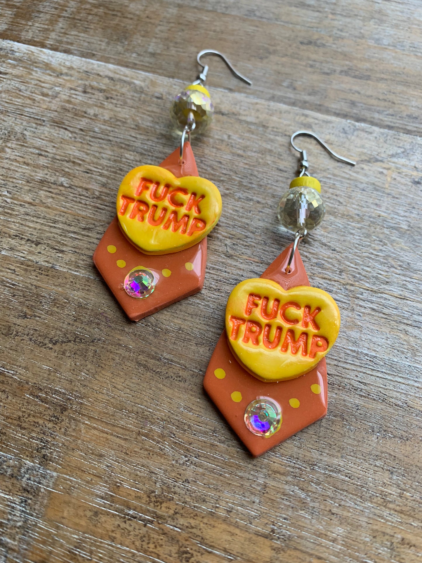 Fuck Trump Protest Activist Earrings Liberal Art Deco Neon Orange & Yellow Clip On Ear Hangers