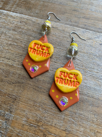 Fuck Trump Protest Activist Earrings Liberal Art Deco Neon Orange & Yellow Clip On Ear Hangers