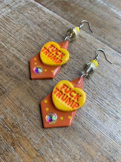 Fuck Trump Protest Activist Earrings Liberal Art Deco Neon Orange & Yellow Clip On Ear Hangers